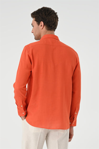 Men's Orange Half Pat Button Closure Long Sleeve Shirt -