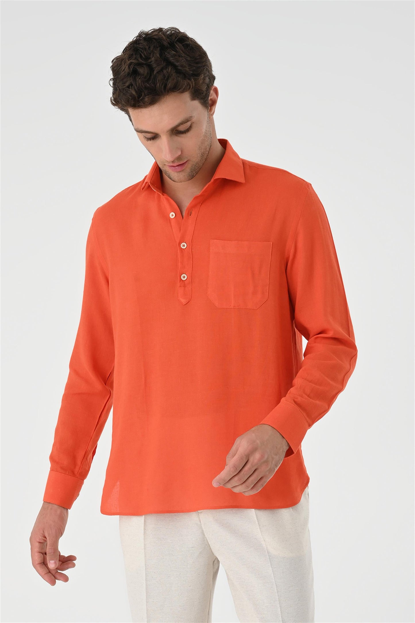 Men's Orange Half Pat Button Closure Long Sleeve Shirt -