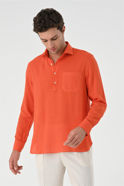 Men's Orange Half Pat Button Closure Long Sleeve Shirt -