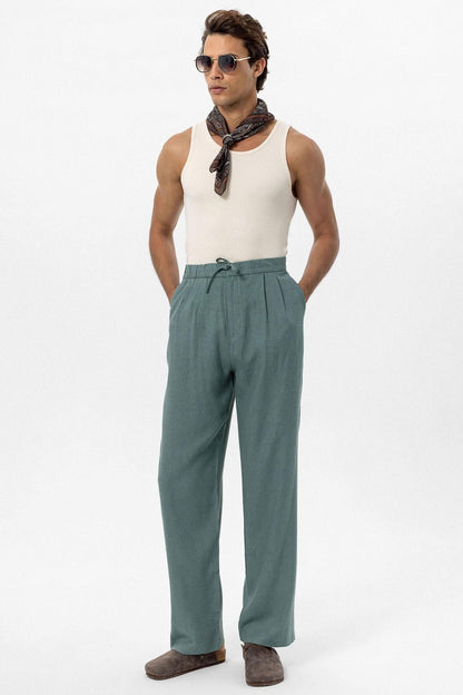 Men's Green Belted Linen Blend Pants