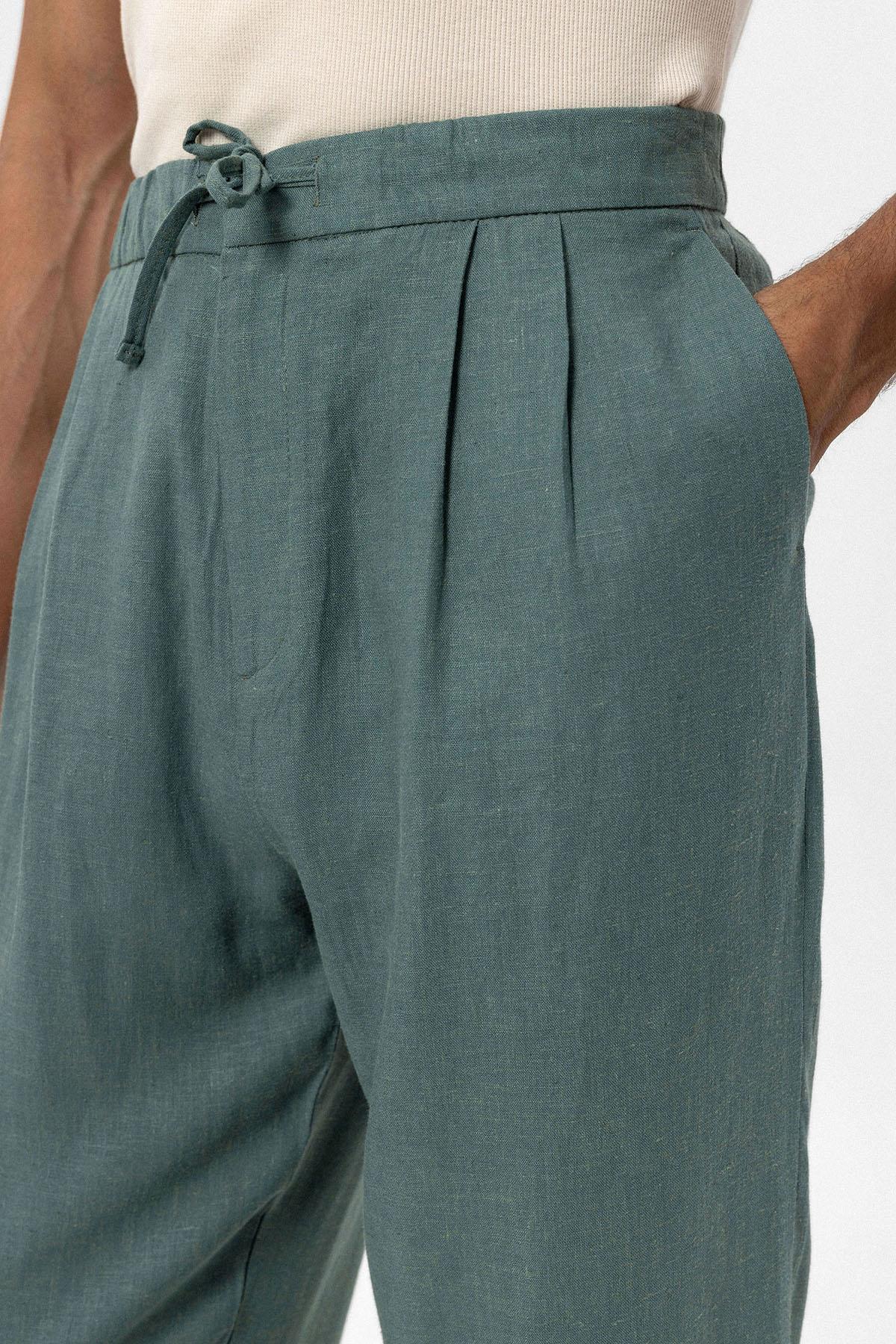 Men's Green Belted Linen Blend Pants