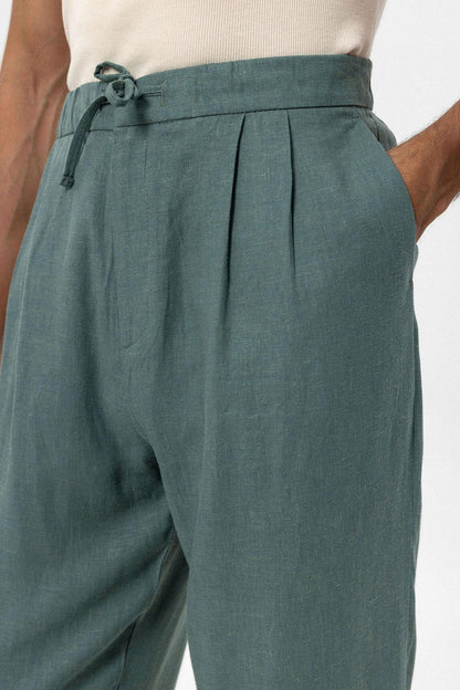 Men's Green Belted Linen Blend Pants
