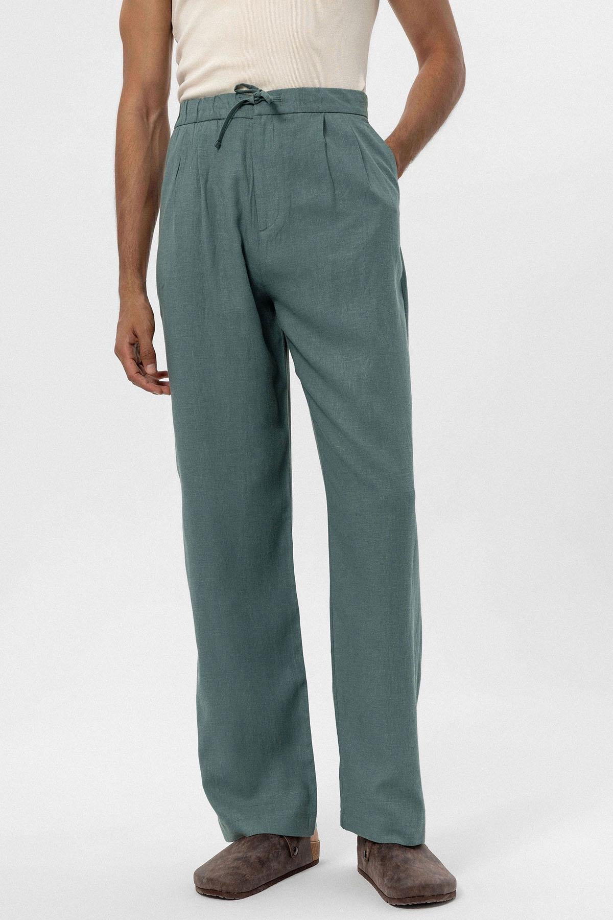 Men's Green Belted Linen Blend Pants