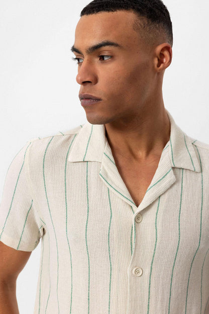 KOALA SYDNEY Men's Green Striped Camp Collar Short-Sleeve Linen Shirt