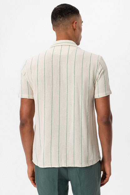 Men's Green Striped Camp Collar Short-Sleeve Linen Shirt -