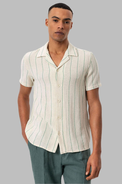KOALA SYDNEY Men's Green Striped Camp Collar Short-Sleeve Linen Shirt