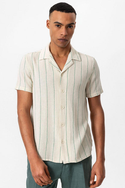 KOALA SYDNEY Men's Green Striped Camp Collar Short-Sleeve Linen Shirt