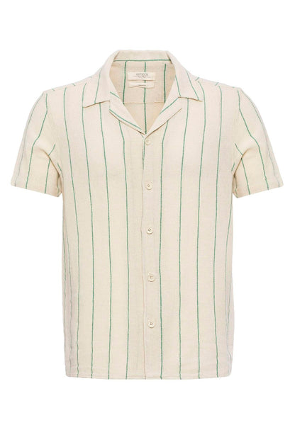 KOALA SYDNEY Men's Green Striped Camp Collar Short-Sleeve Linen Shirt