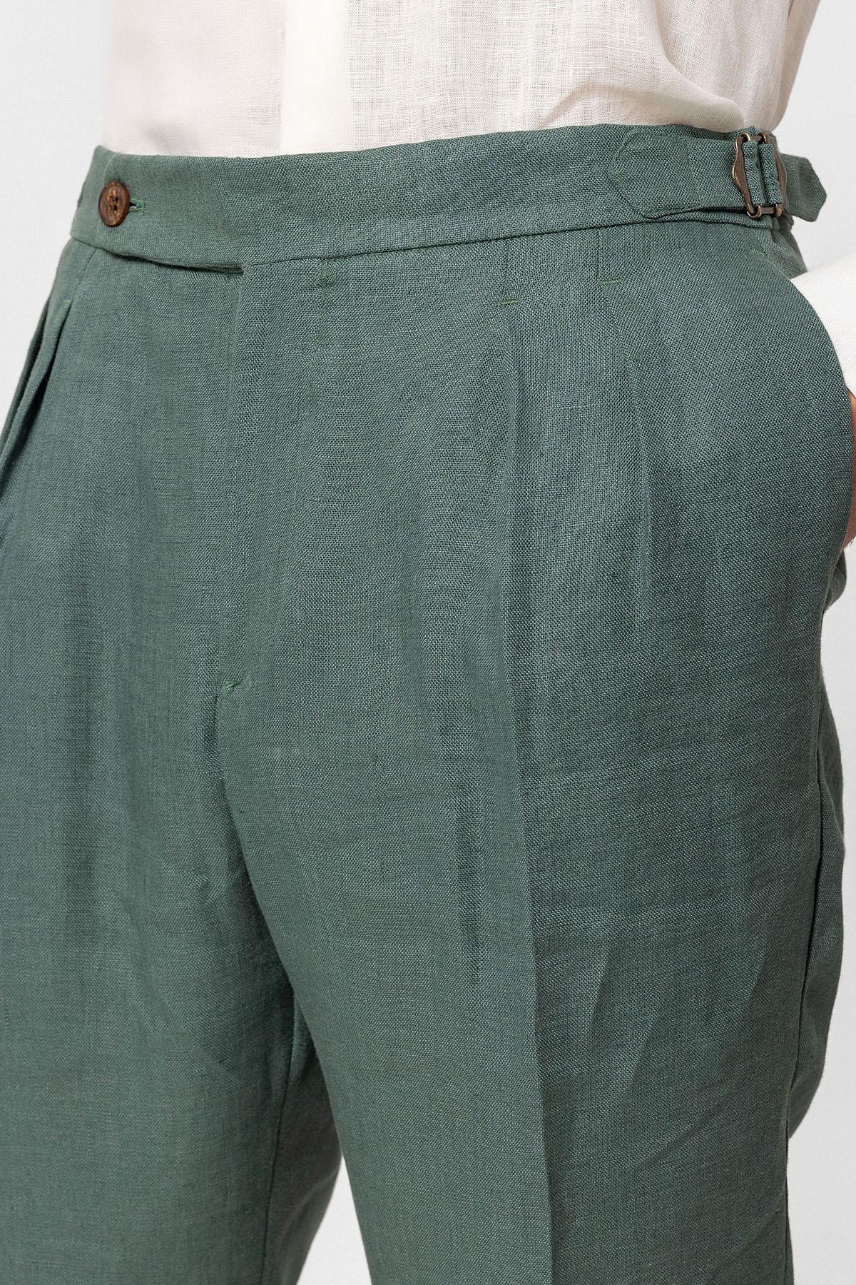 Men's Green High-Waist 100% Linen Pleated Pants