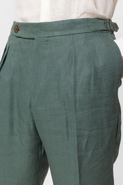 Men's Green High-Waist 100% Linen Pleated Pants