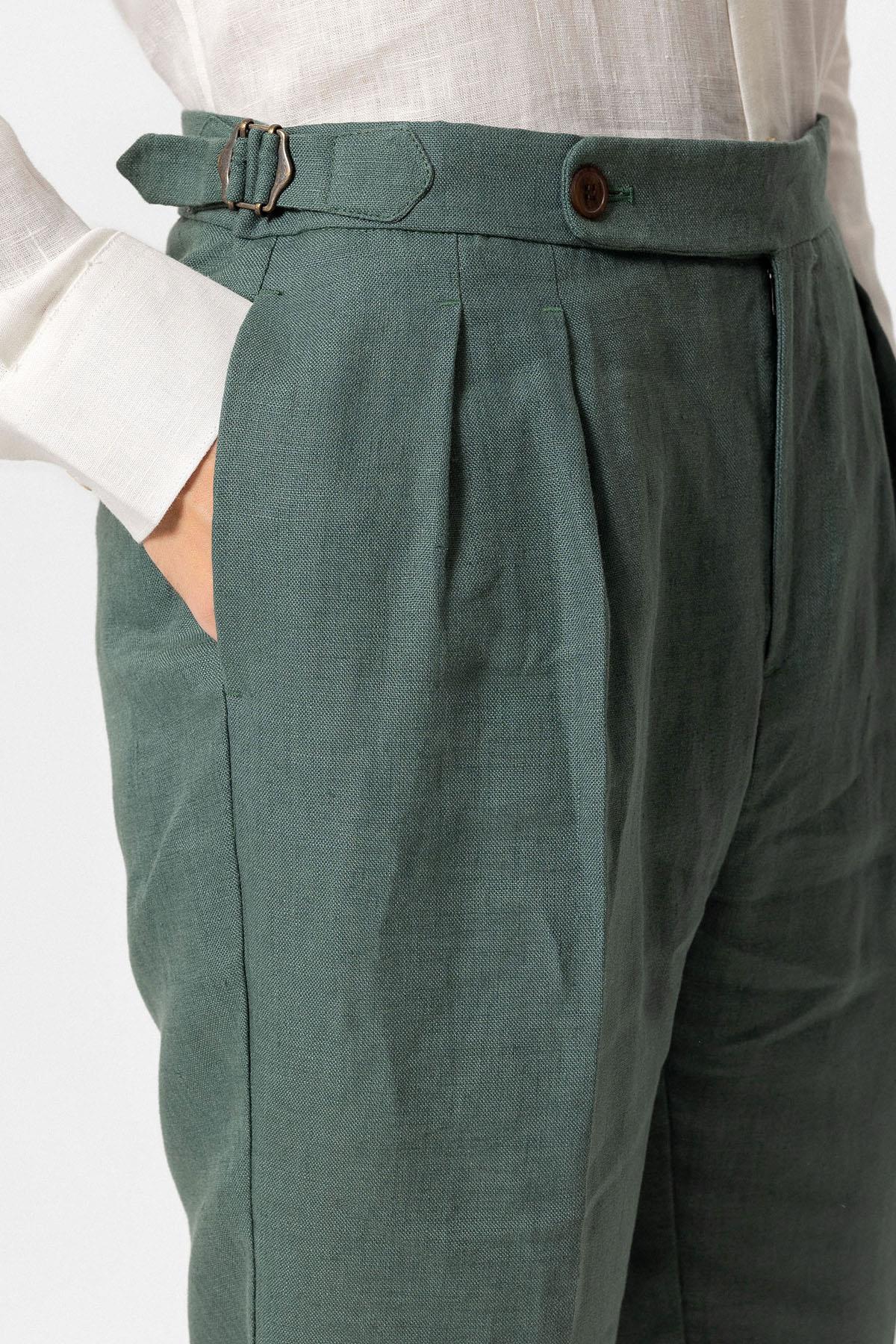 Men's Green High-Waist 100% Linen Pleated Pants