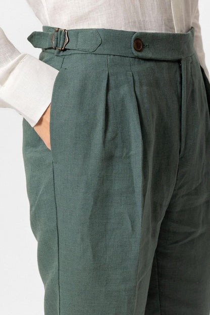 Men's Green High-Waist 100% Linen Pleated Pants
