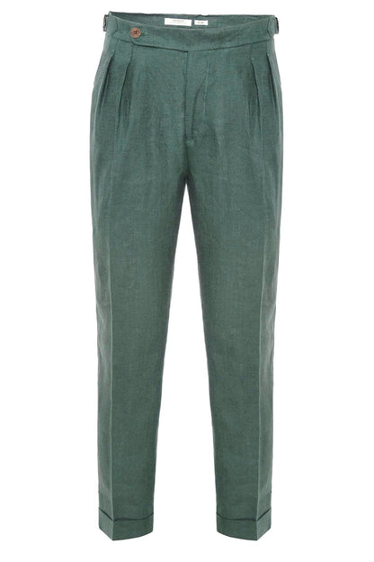 Men's Green High-Waist 100% Linen Pleated Pants