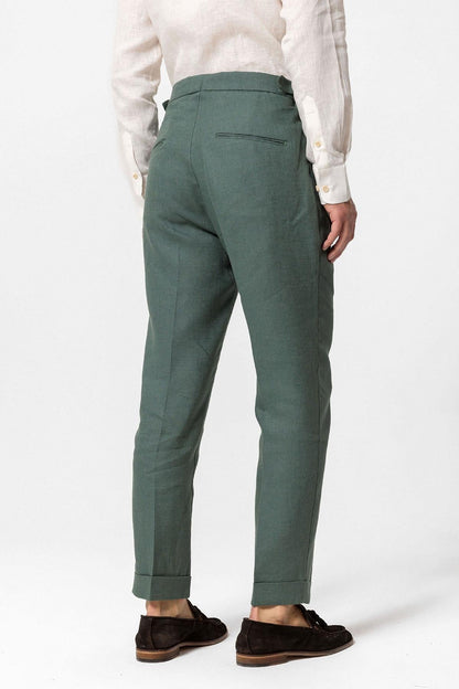 Men's Green High-Waist 100% Linen Pleated Pants