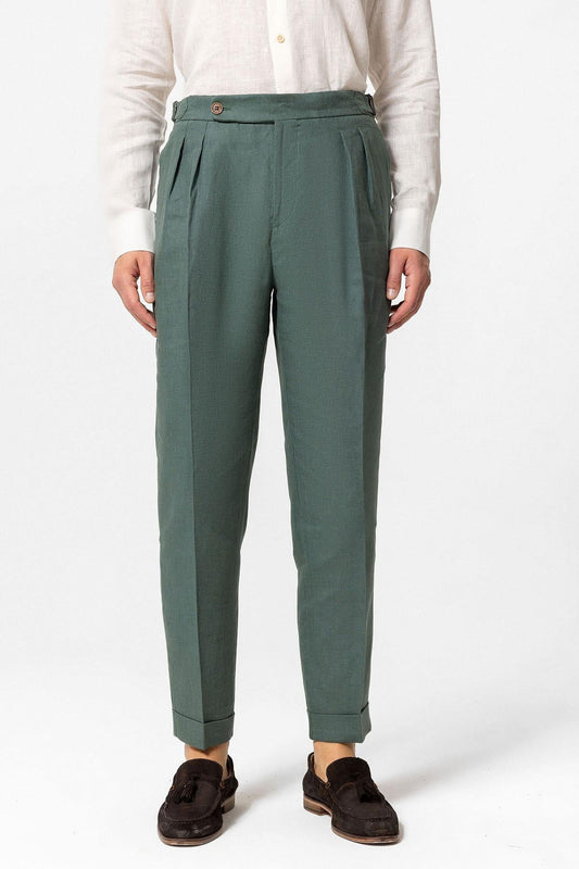 Men's Green High-Waist 100% Linen Pleated Pants