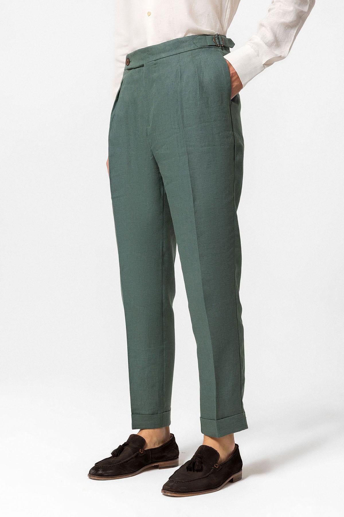 Men's Green High-Waist 100% Linen Pleated Pants