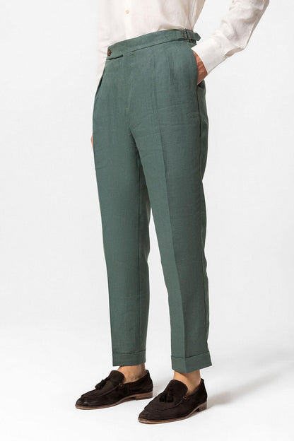 Men's Green High-Waist 100% Linen Pleated Pants