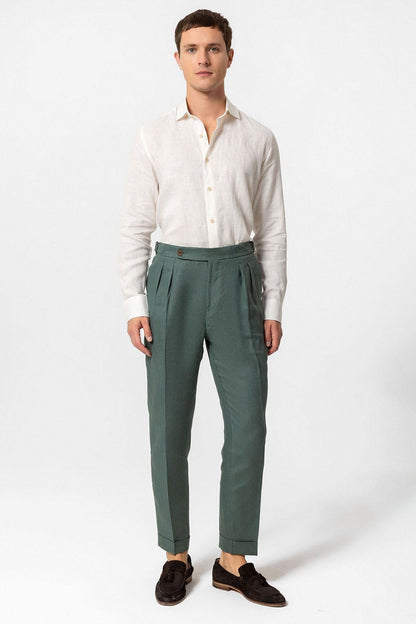 Men's Green High-Waist 100% Linen Pleated Pants