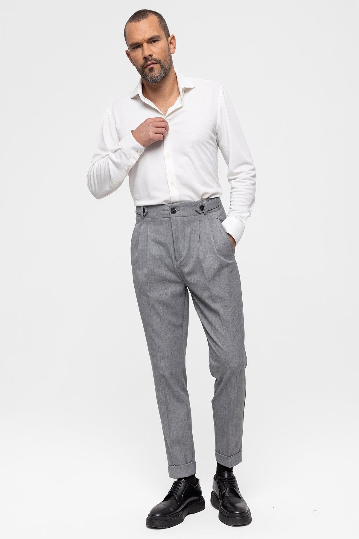 Men's Grey High Waist (Boyfriend) Pleated Fabric Trousers