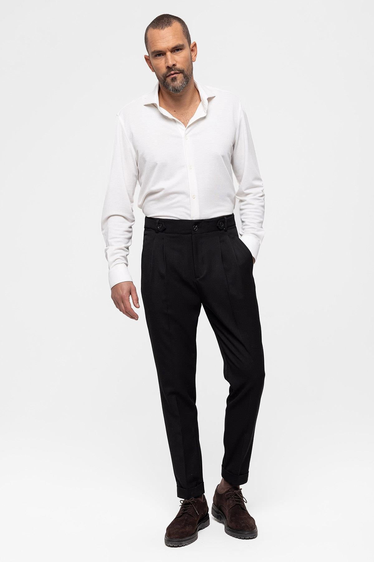 Men's Black High Waist (Boyfriend) Pleated Fabric Trousers