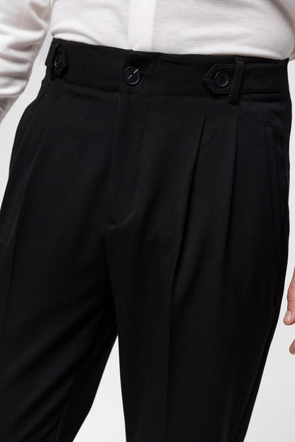 Men's Black High Waist (Boyfriend) Pleated Fabric Trousers