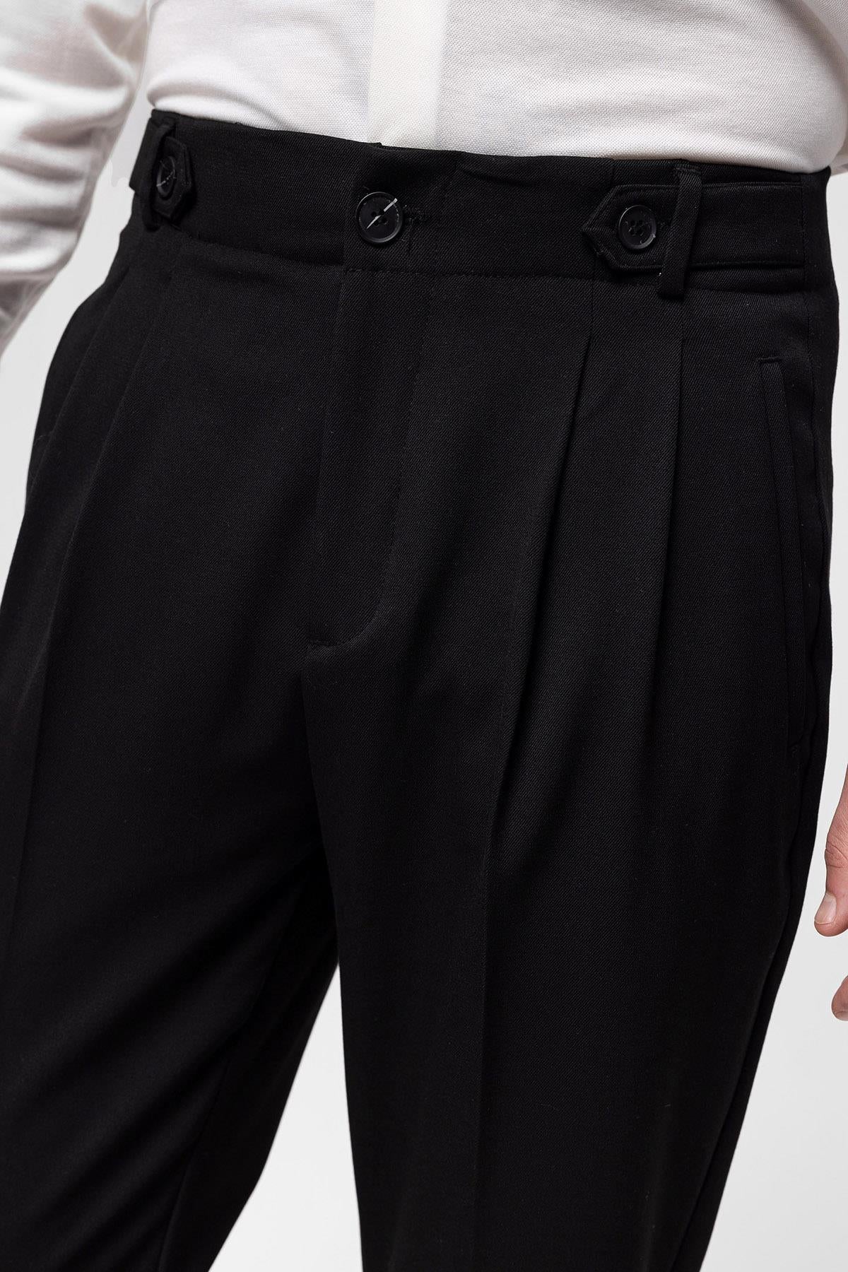 Men's Black High Waist (Boyfriend) Pleated Fabric Trousers