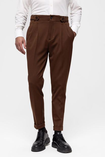 Men's Light Brown High Waist (Boyfriend) Pleated Fabric Trousers