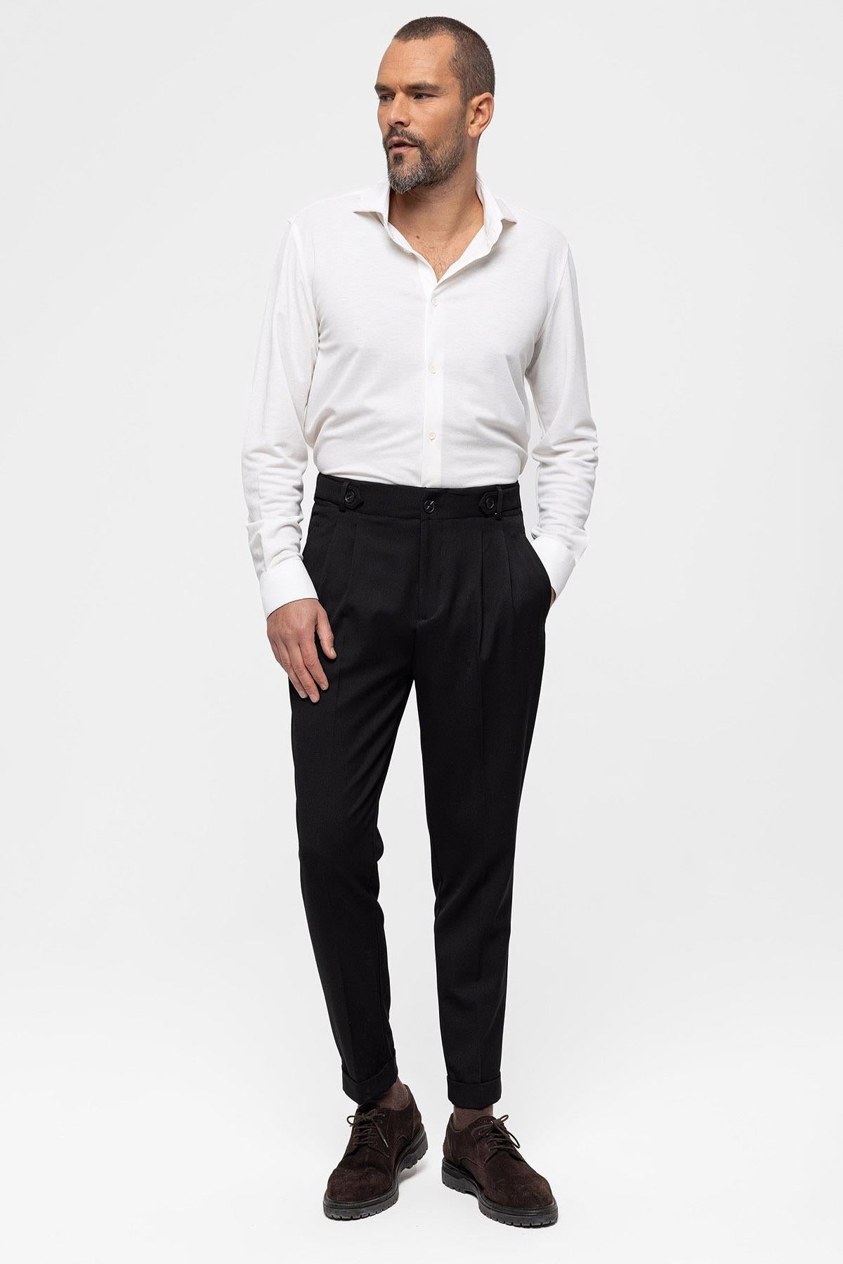 Men's Black High Waist (Boyfriend) Pleated Fabric Trousers