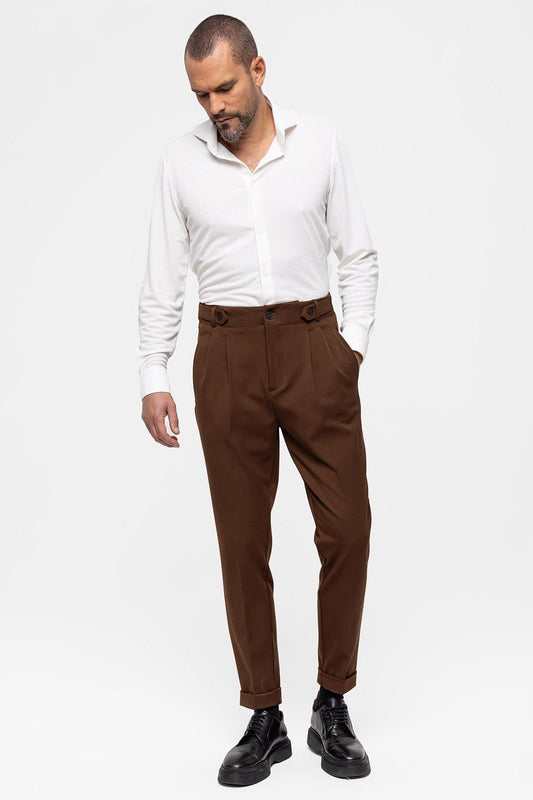 Men's Light Brown High Waist (Boyfriend) Pleated Fabric Trousers