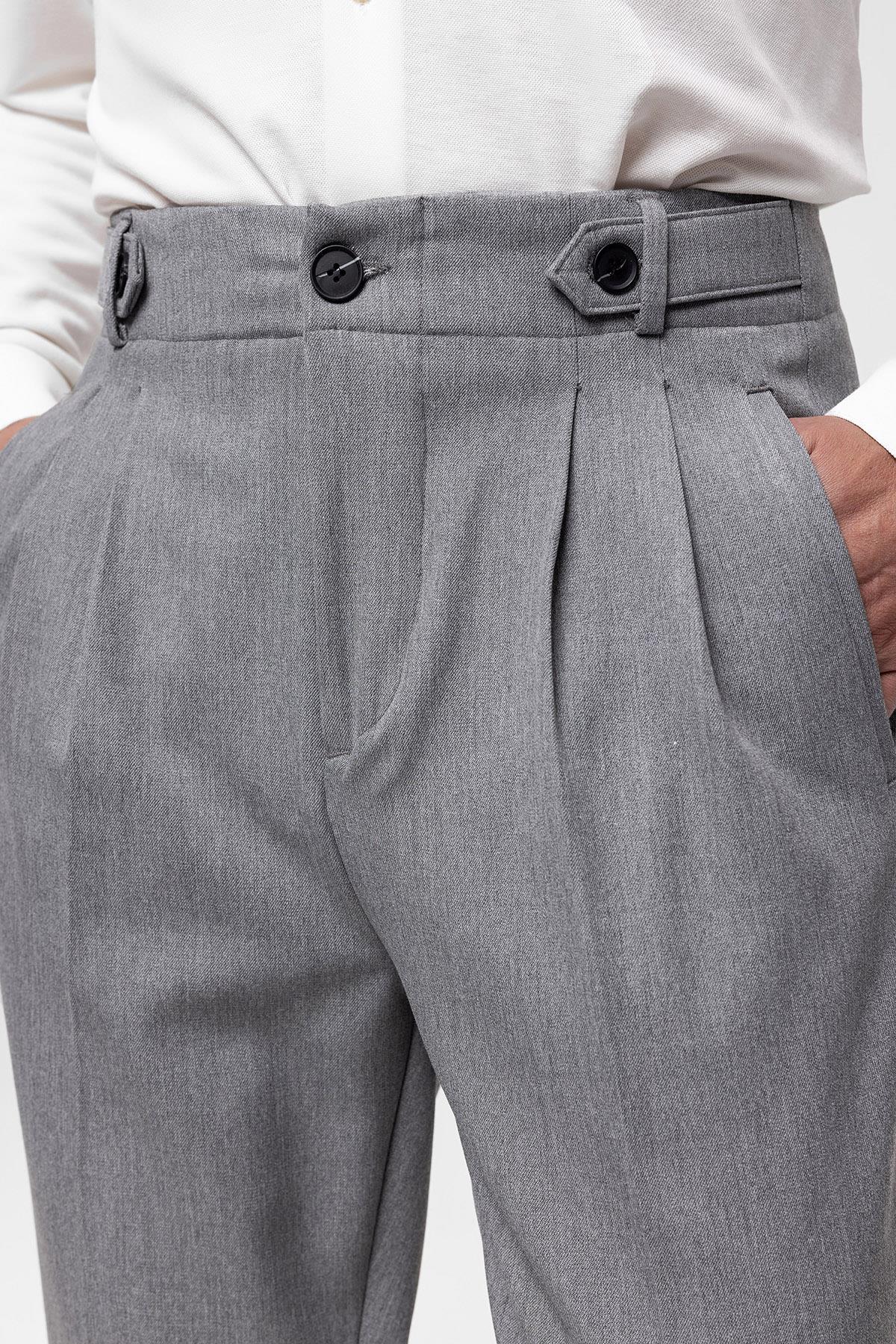 Men's Grey High Waist (Boyfriend) Pleated Fabric Trousers