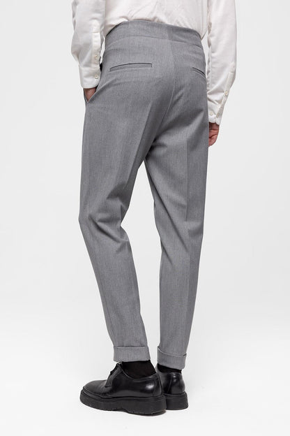 Men's Grey High Waist (Boyfriend) Pleated Fabric Trousers