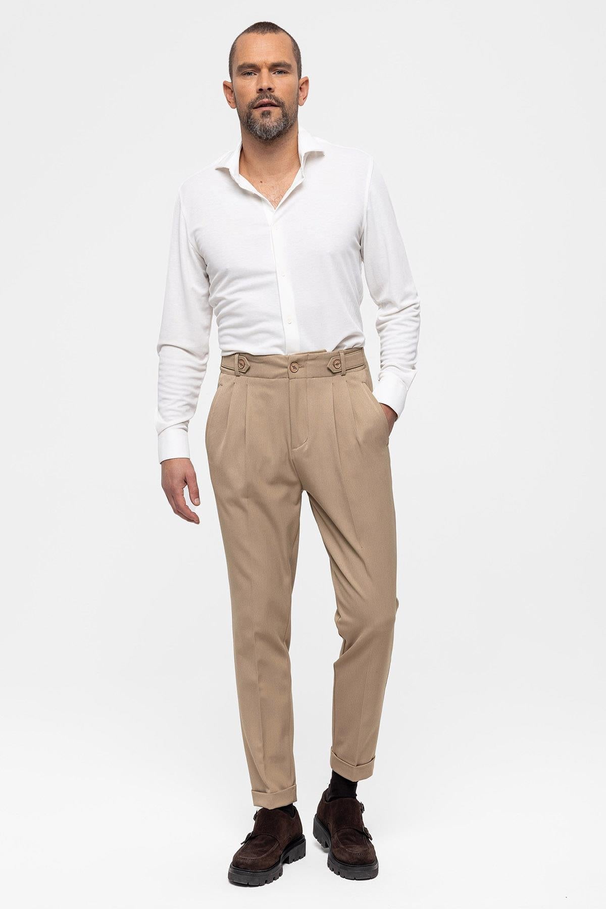 Men's Mink High Waist (Boyfriend) Pleated Fabric Trousers