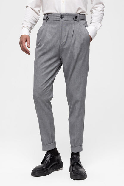 Men's Grey High Waist (Boyfriend) Pleated Fabric Trousers