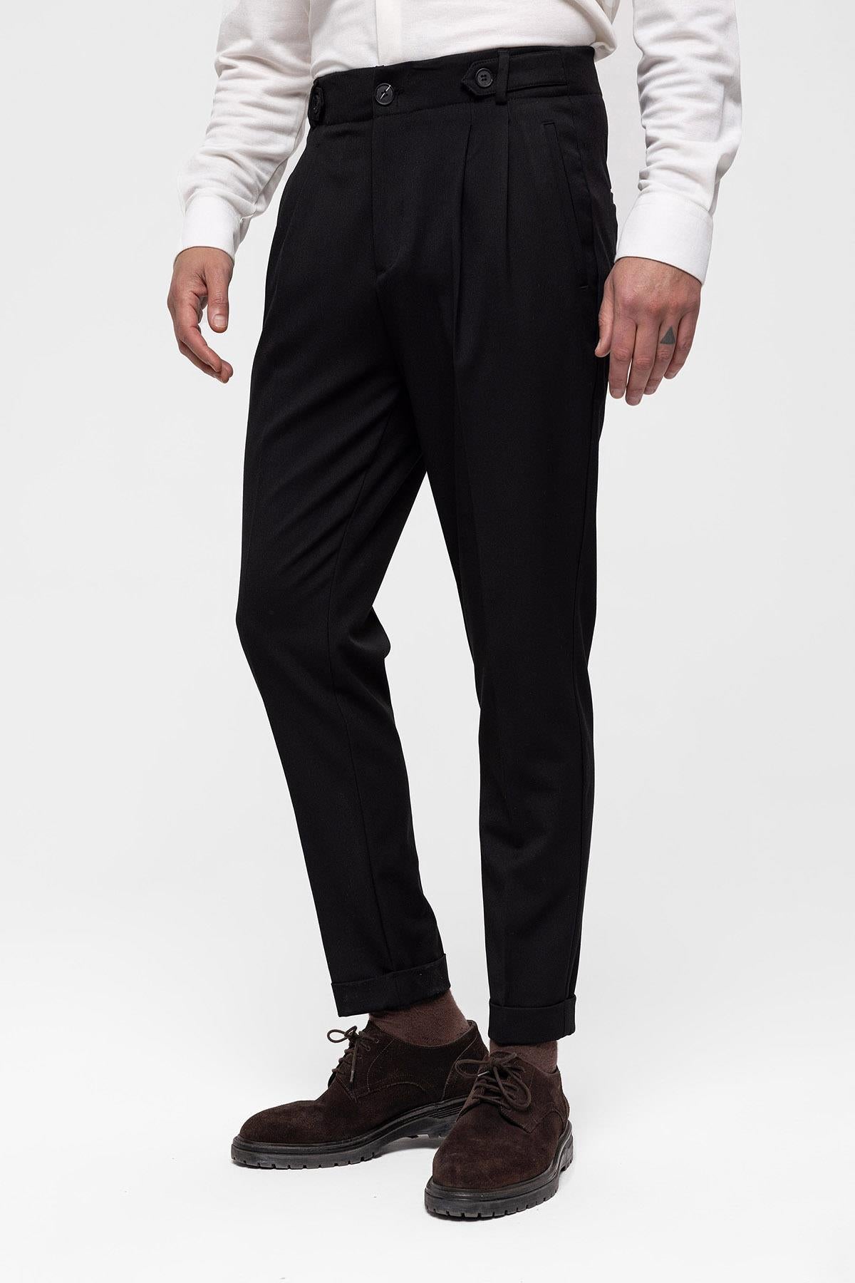 Men's Black High Waist (Boyfriend) Pleated Fabric Trousers