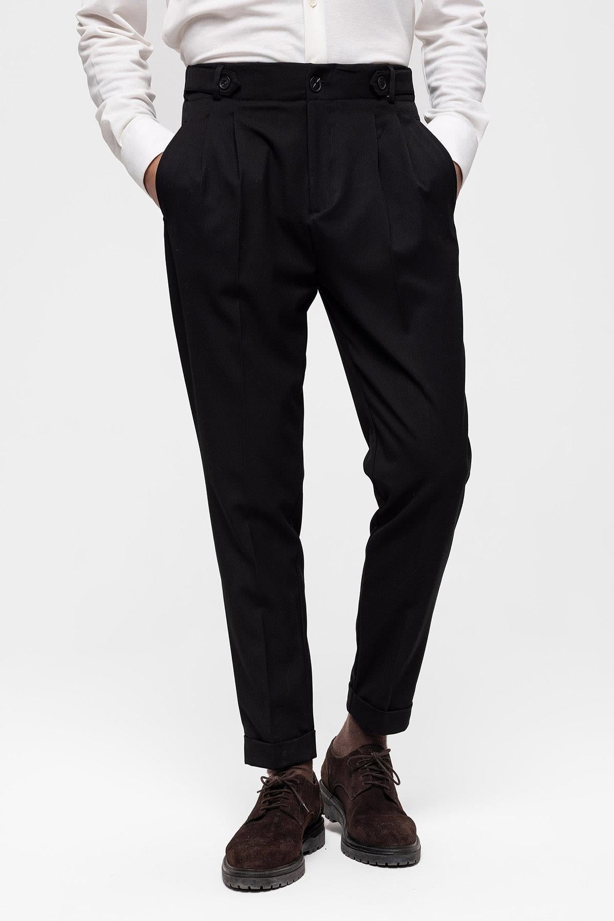 Men's Black High Waist (Boyfriend) Pleated Fabric Trousers