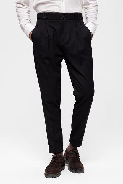 Men's Black High Waist (Boyfriend) Pleated Fabric Trousers