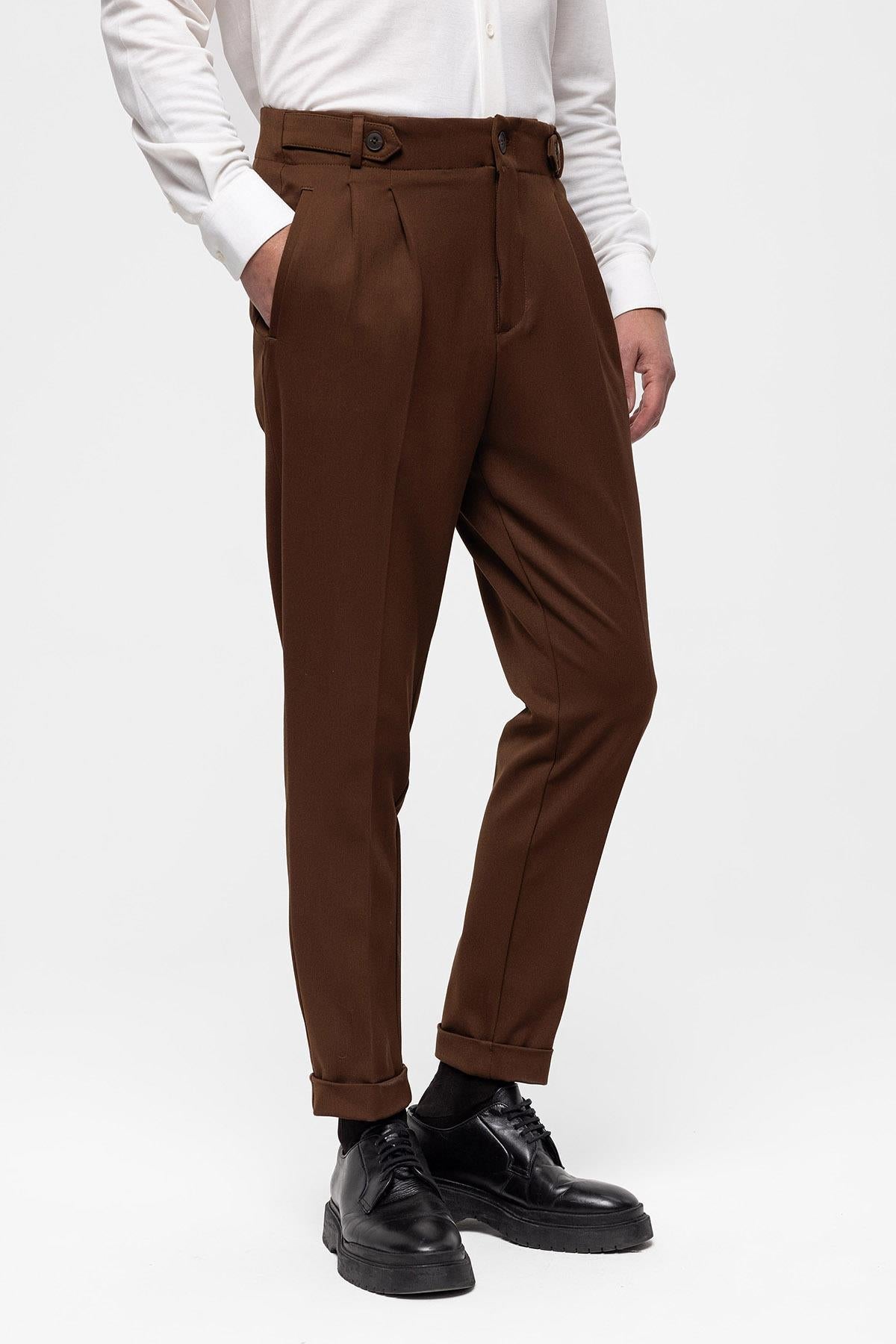 Men's Light Brown High Waist (Boyfriend) Pleated Fabric Trousers