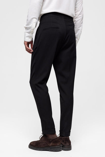 Men's Black High Waist (Boyfriend) Pleated Fabric Trousers