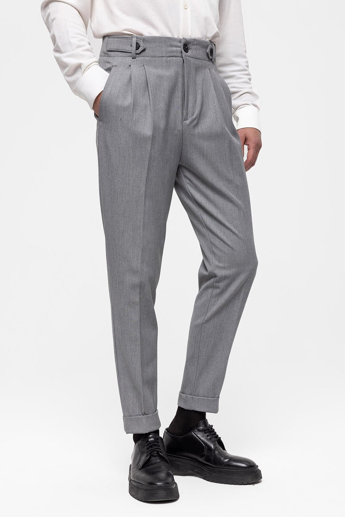 Men's Grey High Waist (Boyfriend) Pleated Fabric Trousers