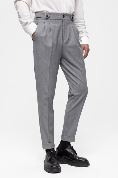 Men's Grey High Waist (Boyfriend) Pleated Fabric Trousers