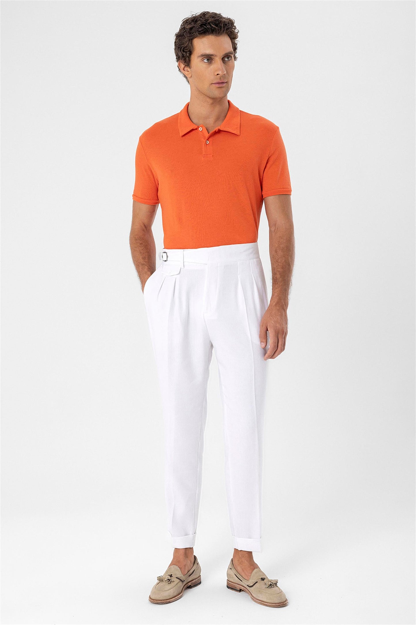 Men's White High Waist (Boyfriend) Pleated Fabric Trousers With Buckle Belt