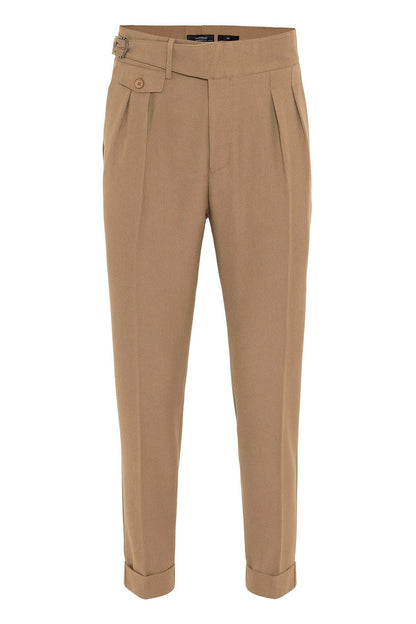 Men's Camel High Waist (Boyfriend) Pleated Fabric Trousers With Buckle Belt