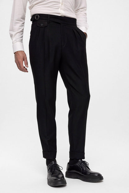 Men's Black High Waist (Boyfriend) Pleated Fabric Trousers With Buckle Belt