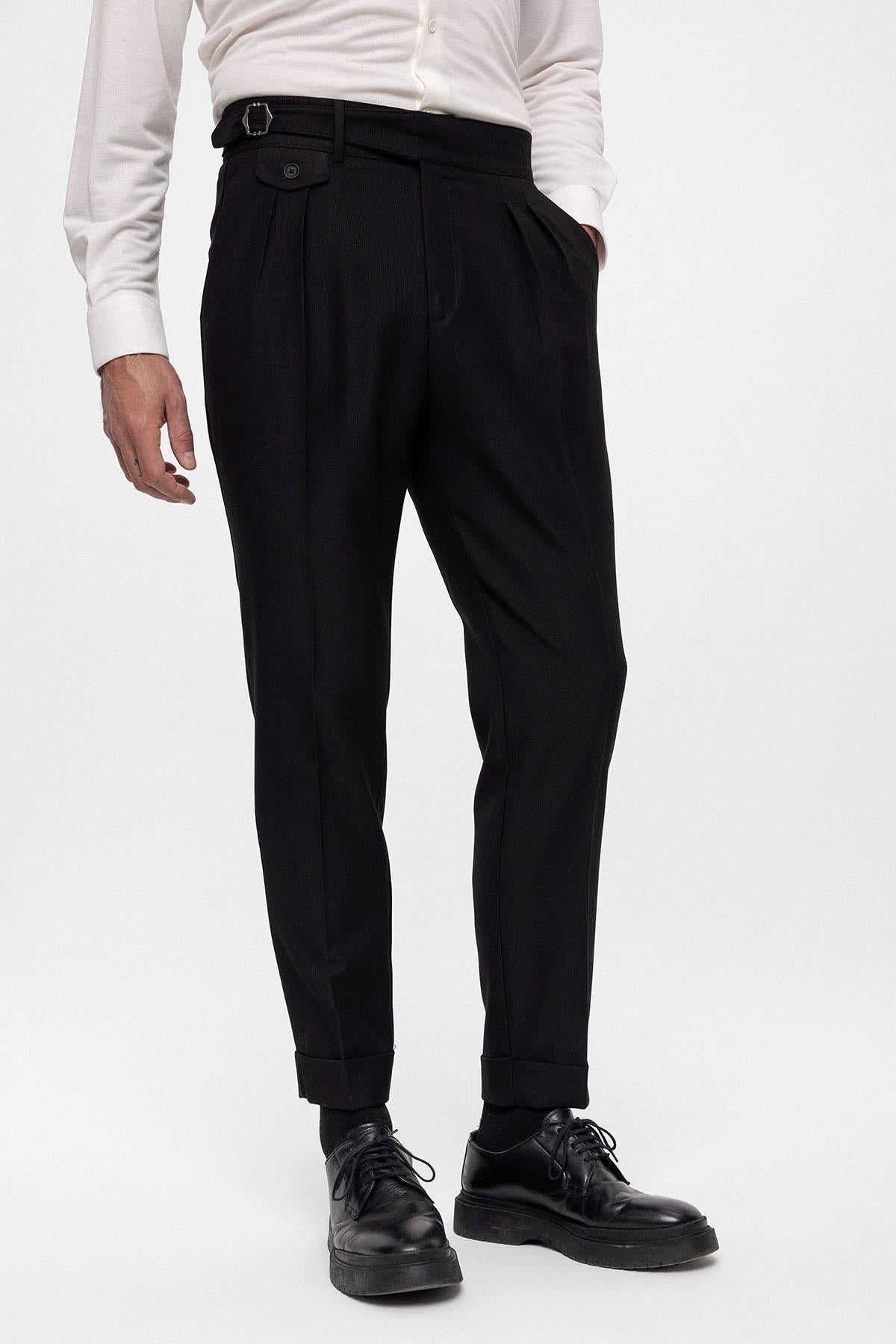 Men's Black High Waist (Boyfriend) Pleated Fabric Trousers With Buckle Belt