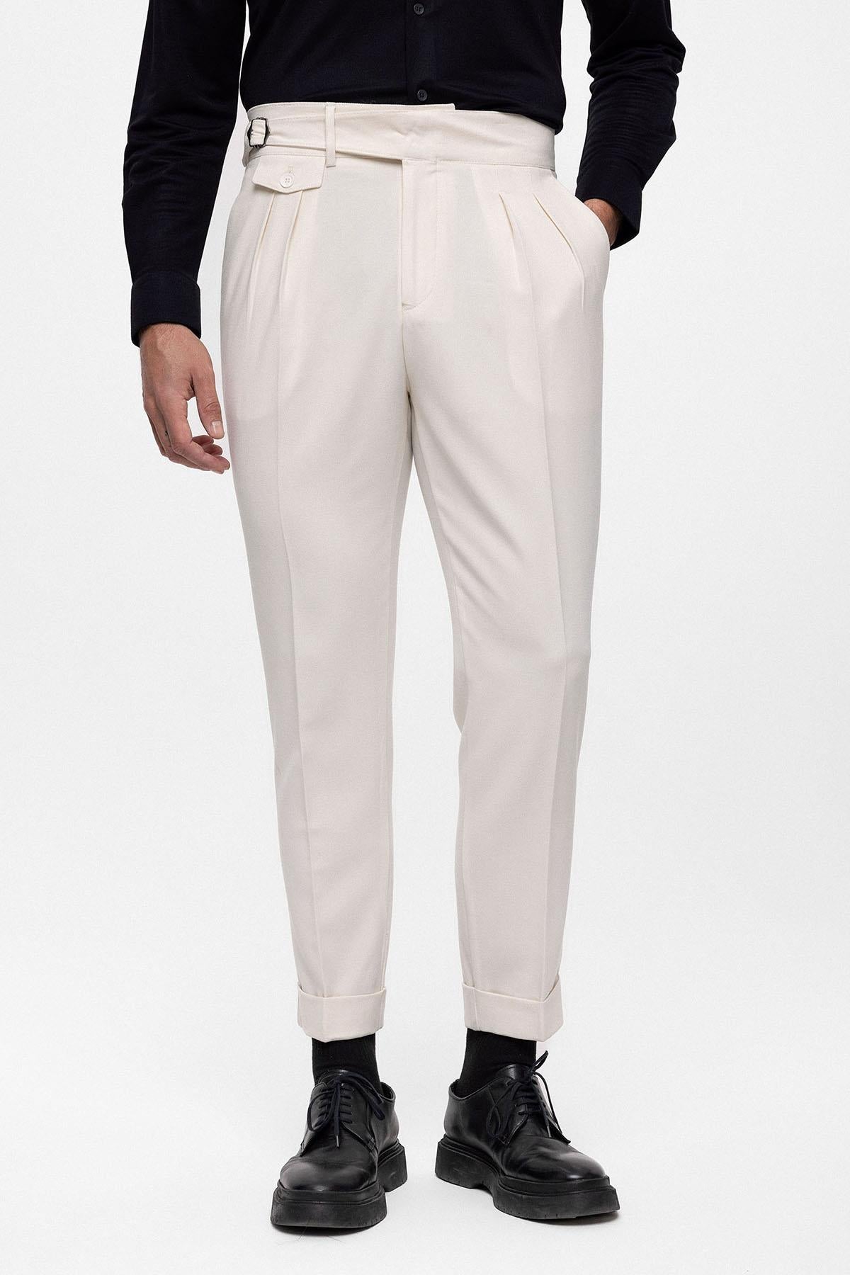 Men's Ecru High Waist (Boyfriend) Pleated Fabric Trousers With Buckle Belt