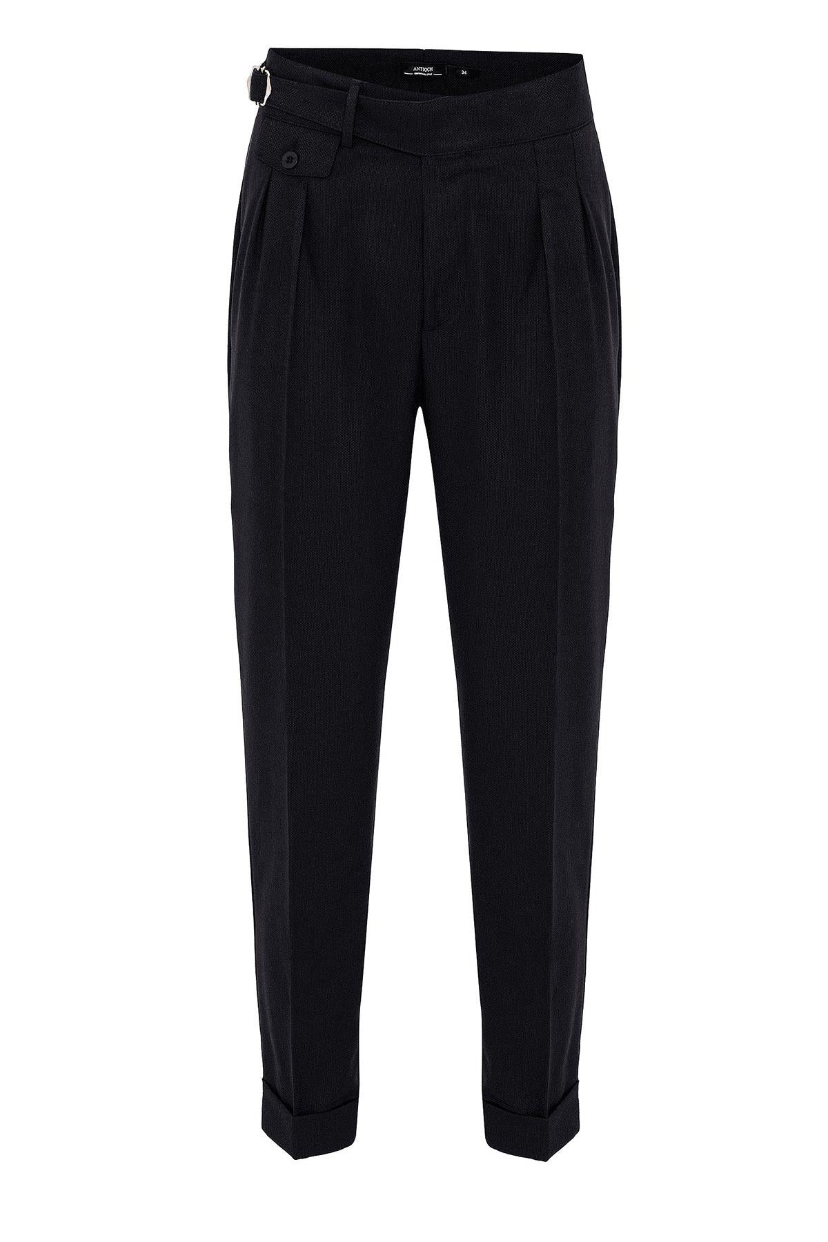 Men's Black High Waist (Boyfriend) Pleated Fabric Trousers With Buckle Belt