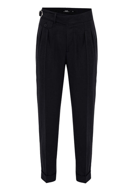 Men's Black High Waist (Boyfriend) Pleated Fabric Trousers With Buckle Belt