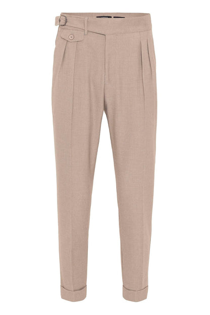 Men's Beige High Waist (Boyfriend) Pleated Fabric Trousers With Buckle Belt