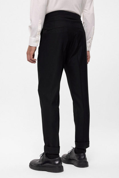 Men's Black High Waist (Boyfriend) Pleated Fabric Trousers With Buckle Belt