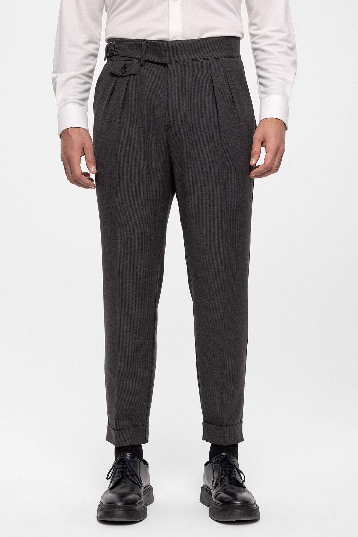 Men's Anthracite High Waist (Boyfriend) Pleated Fabric Trousers With Buckle Belt